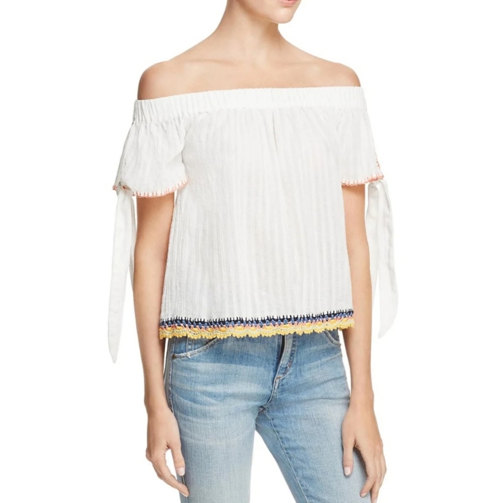 Banjara GAUZE SHADOW STRIPE CROCHET TRIM TOP Large White